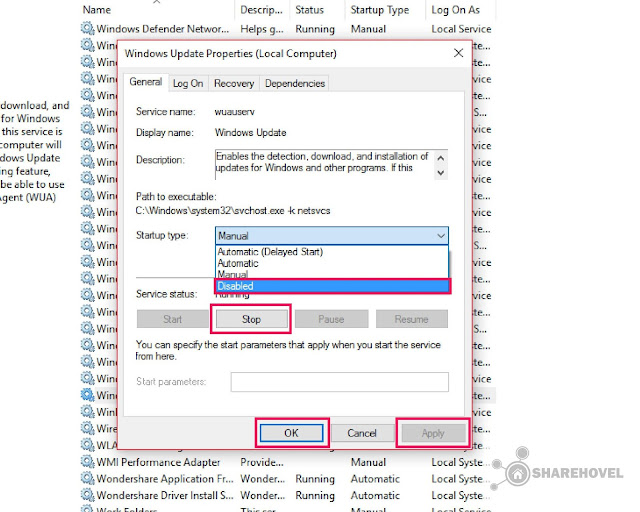 Mengubah Startup Type dan Service Status Windows update Mengubah Startup Type dan Service Status Windows update - Cara Menonaktifkan Windows Auto Update di Windows 10 - by sharehovel