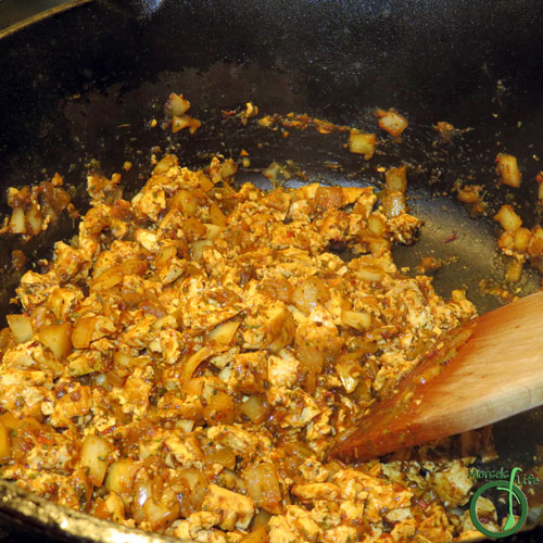 Morsels of Life - Sofritas Step 6 - Continue to scramble tofu until desired size reached, fragrant, and sauce reduced to desired consistency.