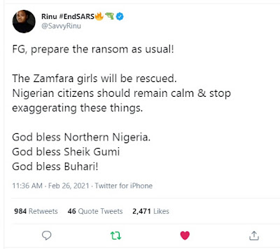 ‘FG, prepare the ransom as usual’ - Savvy Rinu Reacts To The Zamfara School Kidnap