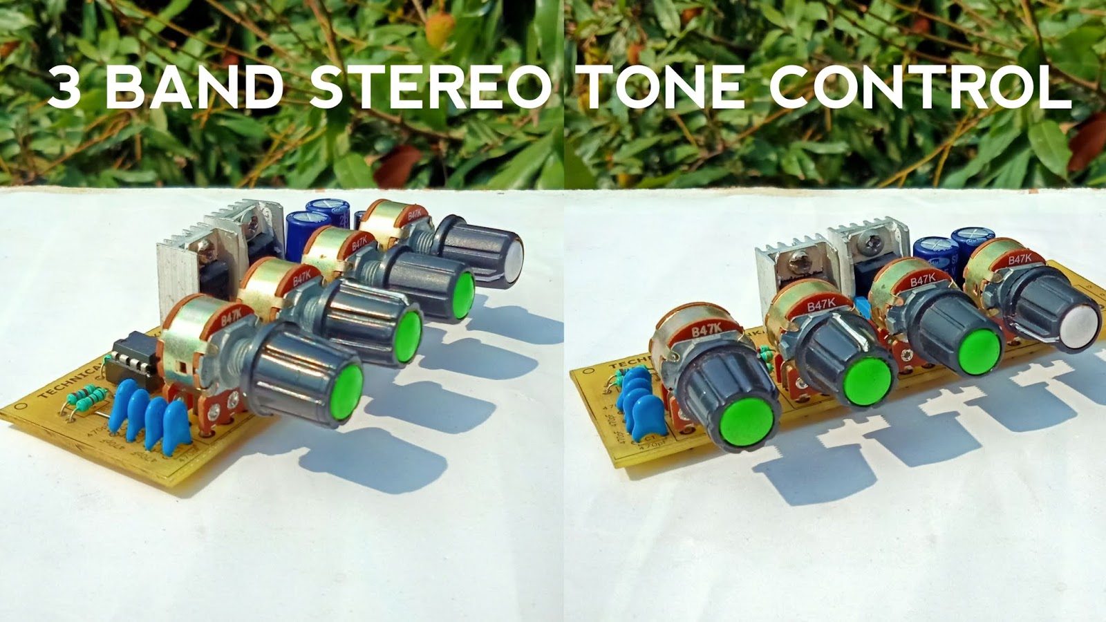 PCB Stereo preamplifier. Control the tone of the 3 bands you like 