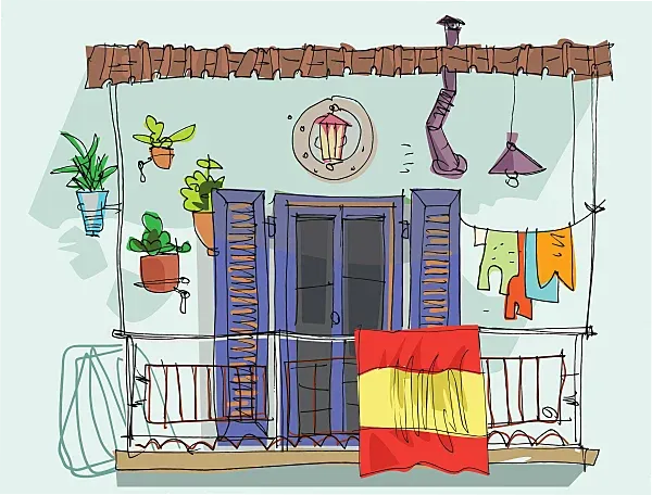 Balcón con bandera de España como resistencia contra el coronavirus