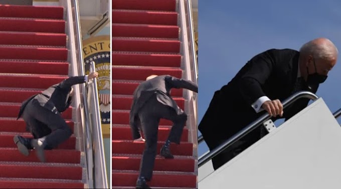 US President, Joe Biden falls multiple times while climbing stairs to board Air Force One (Video)
