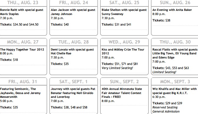 Ticket King Concerts: 2012 Minnesota State Fair Grandstand Lineup Ticket King Concerts: 2012 Minnesota State Fair Grandstand Lineup