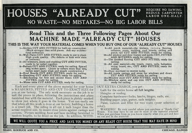 1916 catalog page describing Sears already cut house kits, pre-cut house construction