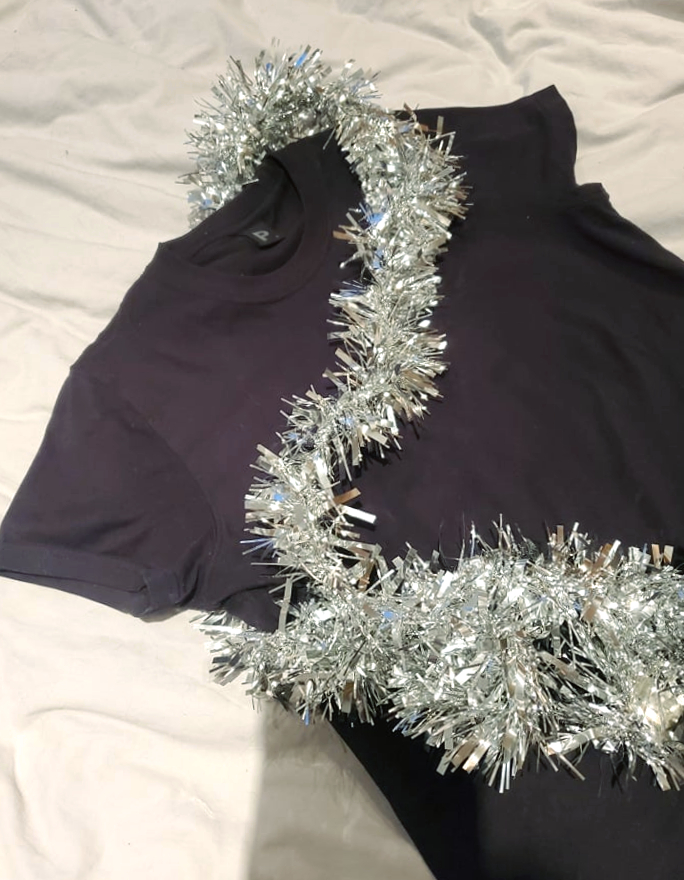Plain and Simple black organic t-shirt with silver tinsel