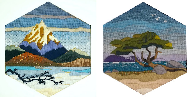 Cascades and Monterey Cyprus, needlepoint landscapes
