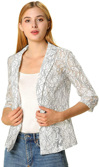 Women's White 3/4 Sleeves Notched Lapel One-Button Work Office Lace Blazer Trendy Lace Blazers Jackets for Women