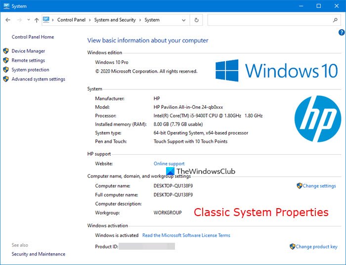 ouvrir les propriétés système dans Windows 10