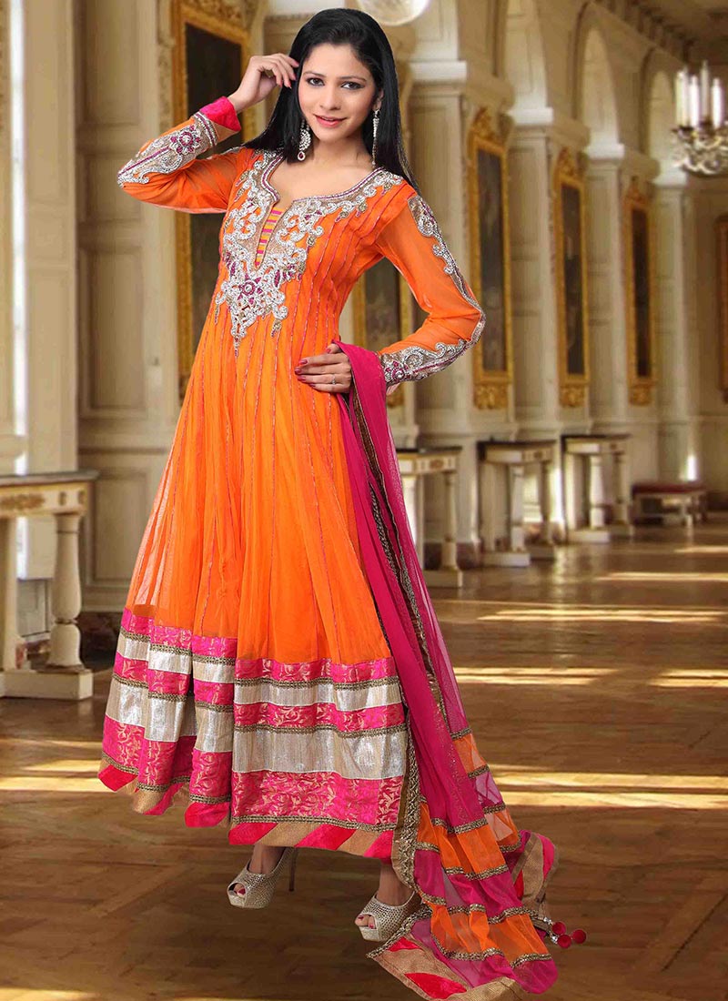 Orange Embroidered Net Anarkali Suit