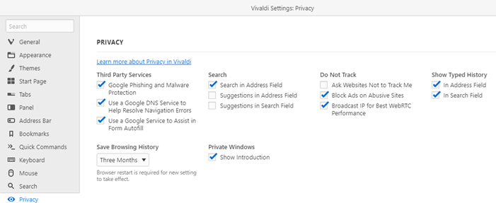 Configuración de privacidad de Vivaldi