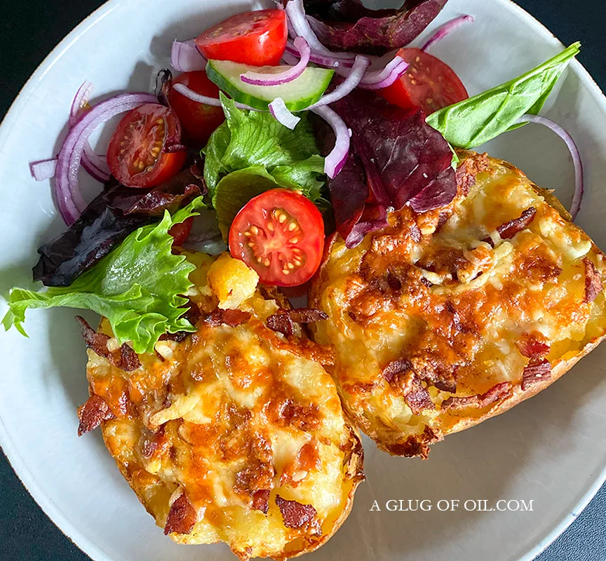Cheesy Stuffed Baked Potatoes with side salad