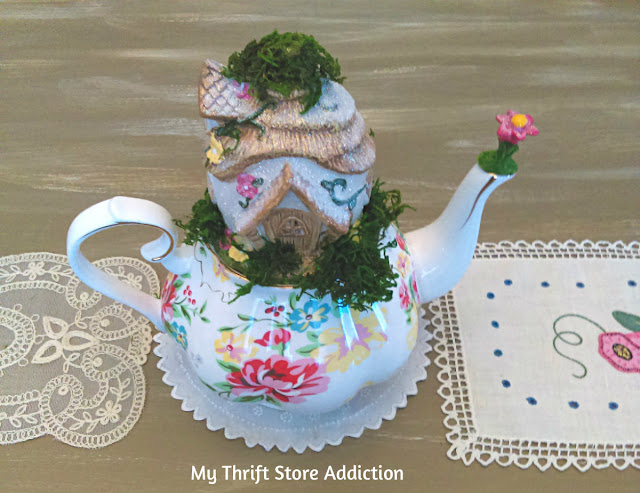 Upcycled dollar store teapot fairy garden 