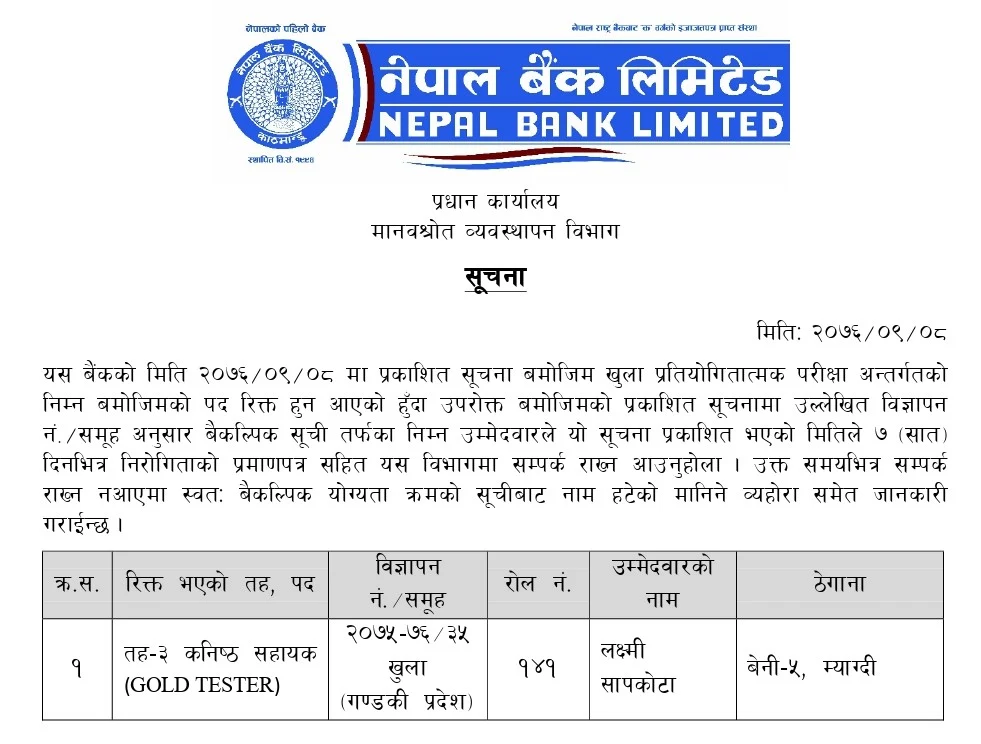 Nepal Bank Alternative Result for Gold Tester