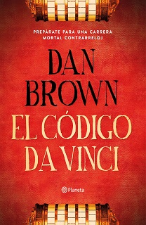 Portada de la novela de Dan Brown El Código da Vinci, donde en un fondo rojo hay un criptex dividido en dos, la parte superior en la parte inferior de la portada, y viceversa.