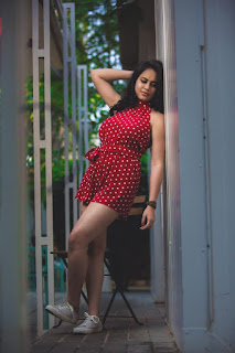 Pallavi Dora Sizzles in White Dotted Red Short Dress