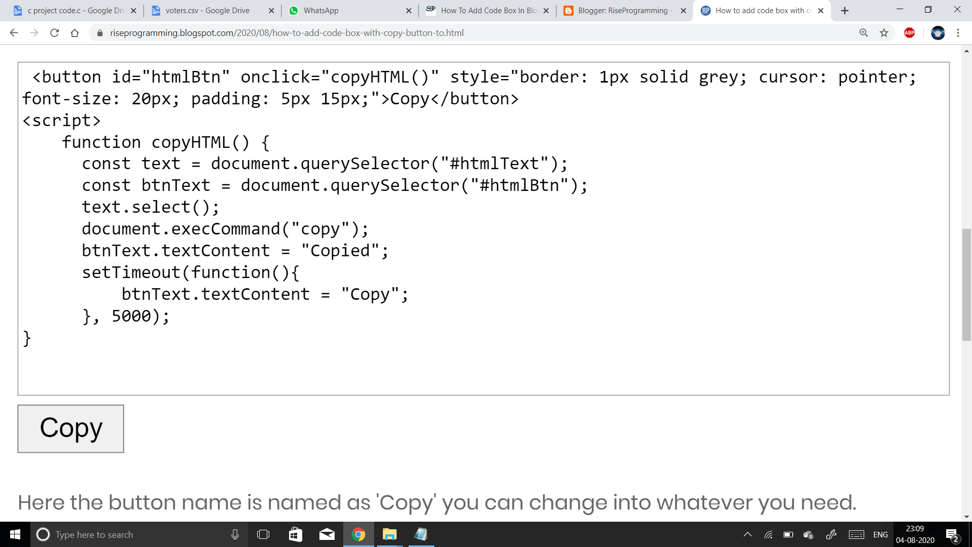 Code box with copy button using HTML, CSS and Javascript.
