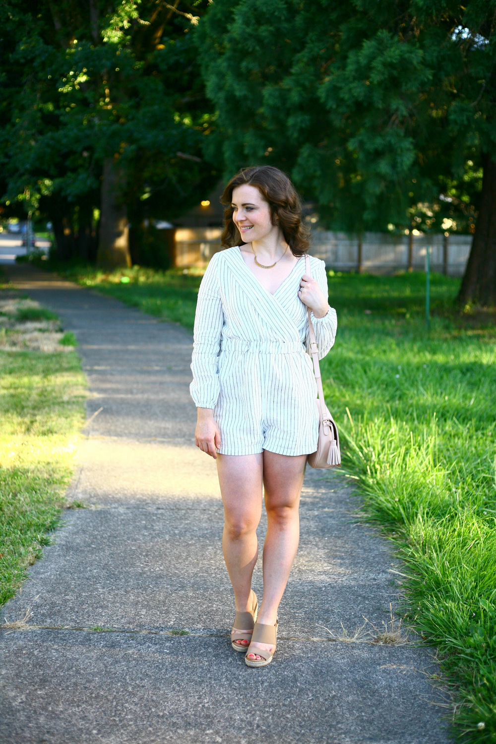 Offwhite linen stripe crossover romper. Or, when 3 patterns collide
