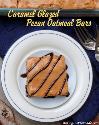 Caramel Glazed Oatmeal Pecan Bars, oatmeal cookie bars are baked  studded with chopped pecans, then glazed with a caramel topping. | Recipe developed by www.BakingInATornado.com | #recipe #dessert