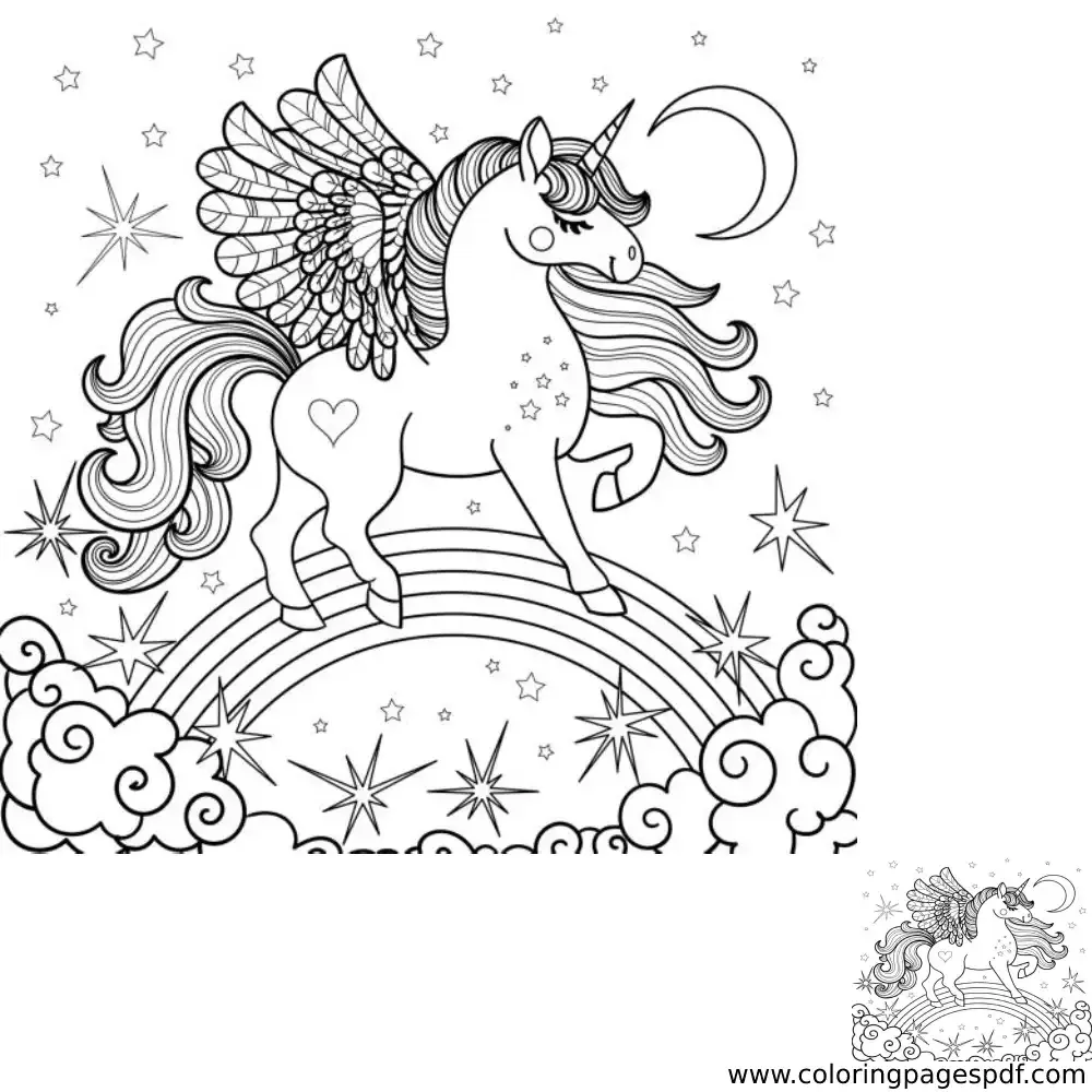 Coloring Page Of A Beautiful Unicorn Walking On A Rainbow