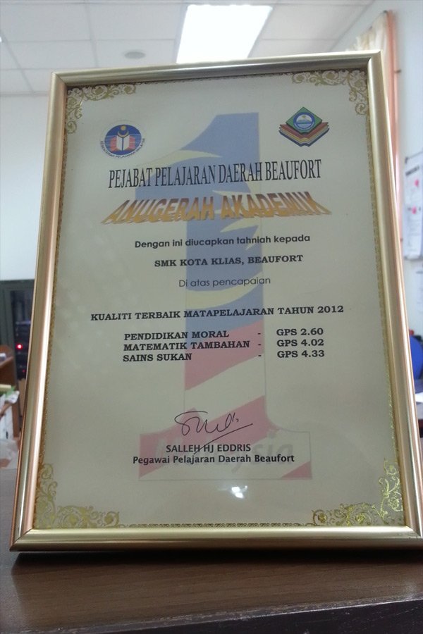 SMK Kota Klias, Beaufort, Sabah: Sijil Penghargaan Dan 