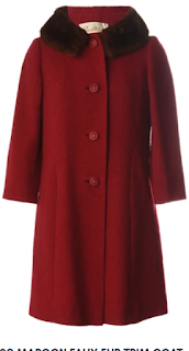 image shows vintage wool maroon coat with a black faux fur collar