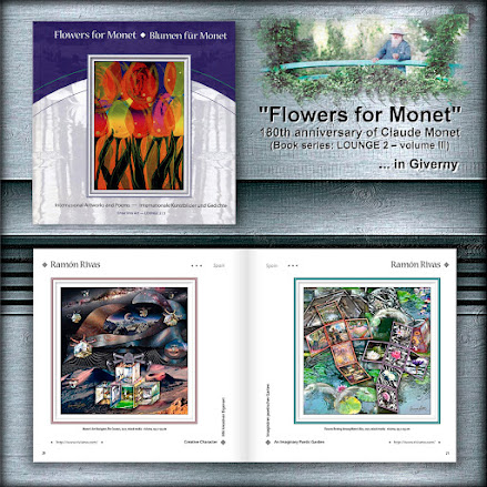 Las obras “El arte de Monet navega por el Cosmos” y “Flores descansando entre Nenúfares”, de Ramón Rivas en el Libro "Flowers for Monet" (Páginas 20 y 21)