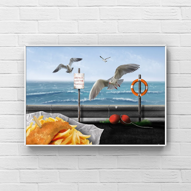 do not feed the seagulls artwork by Mark Taylor, seagulls flying towards fish and chips