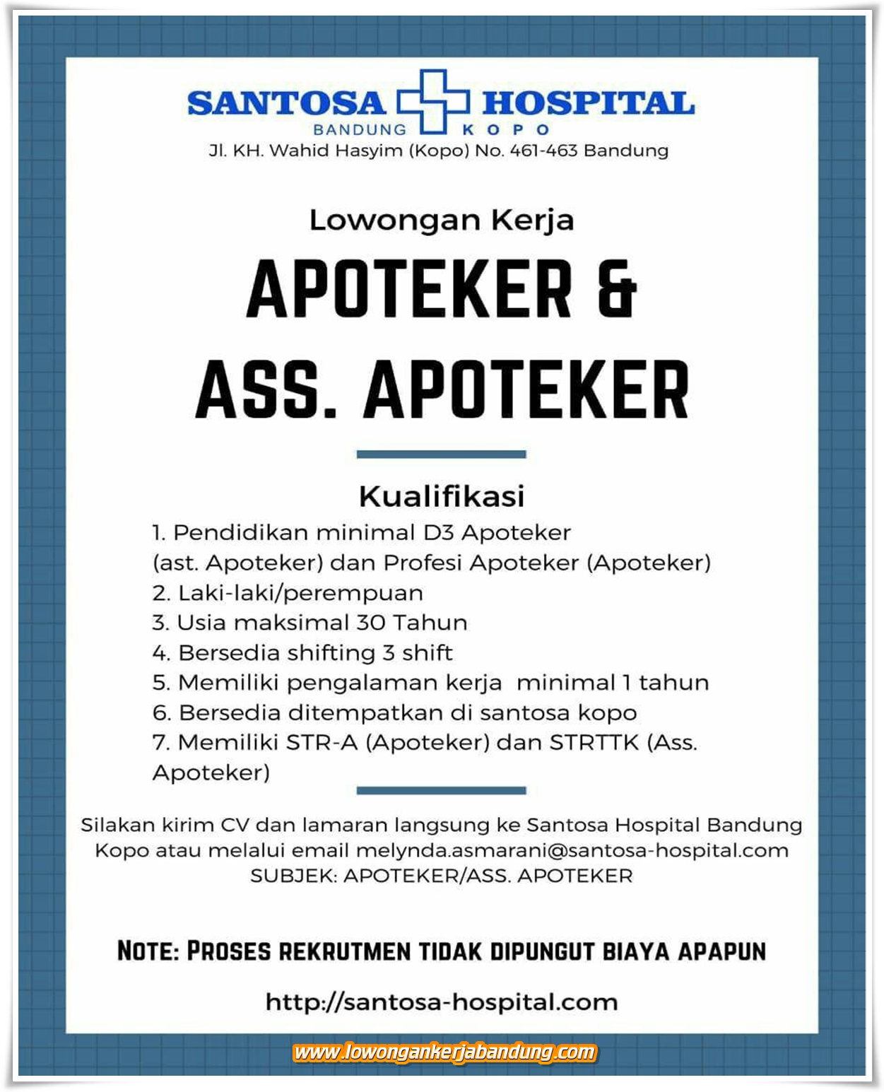 Lowongan Kerja Bandung Apoteker & Ass. Apoteker Santosa Hospital