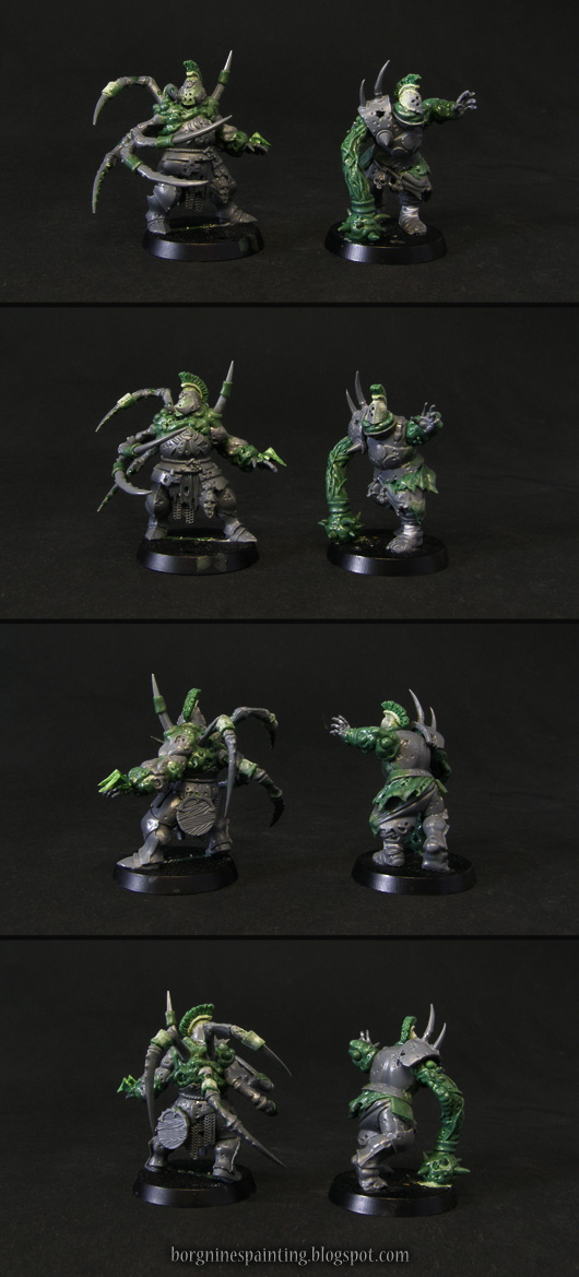 2 unpainted Bloaters of Nurgle miniatures for use in Blood Bowl, converted out of Putrid Blightkings using greenstuff, visible from different angles. One on the left has lots of spider legs growing out of his back, representing the 'Jump Up' skill. One on the right has a fleshy wrecking ball instead of an arm, representing the 'Might Blow' skill.