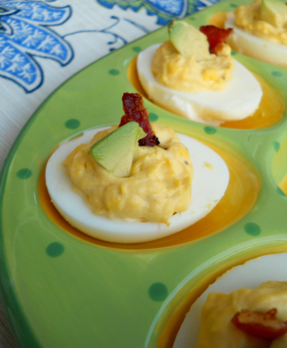 SteakNPotatoesKindaGurl Bacon and Avocado Topped Deviled Eggs {Holiday