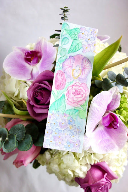 flowers, floral arrangement, roses, orchids, hydrangeas, tulips, eucalyptus, how to dry flowers, watercolor painting, bookmark, dried flower arrangement, how to make flowers last, blah to TADA, crafts, handmade
