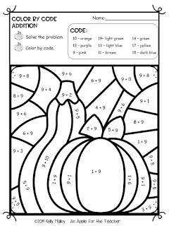 Thanksgiving Color By Number Math Facts Practice Addition pumpkin black and white