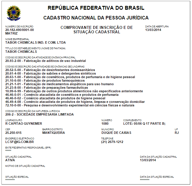 CNPJ da Tabor Chemicals