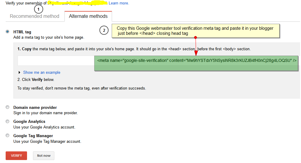 Verify Ownership of Site or Blogger in Google Webmaster Tool