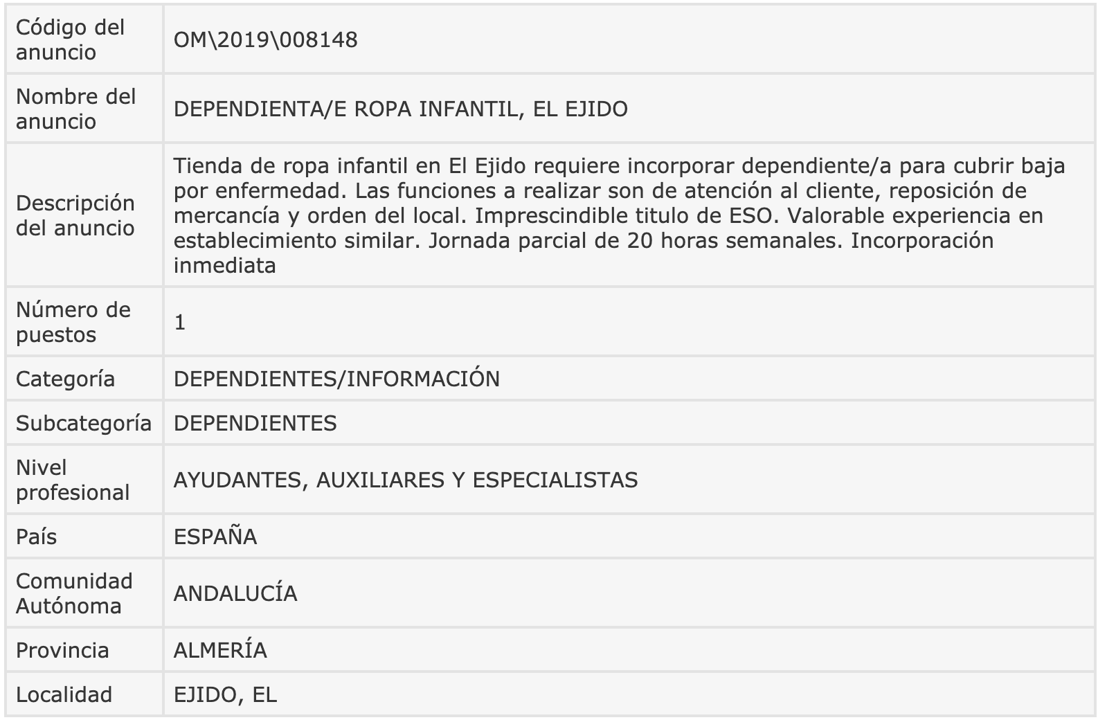 de Empleo en España: Dependiente/a para de Infantil - El Ejido (Almería)