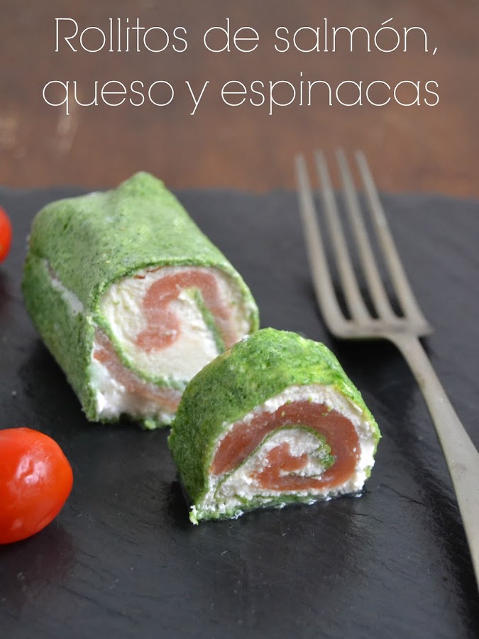 Rollitos de salmón, queso y espinacas