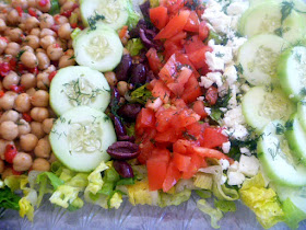 Greek Cobb Salad:  Romaine salad loaded with crisp summer veggies, roasted red peppers, chickpeas, Kalamata olives and tangy feta cheese. Oh what a salad! - Slice of Southern