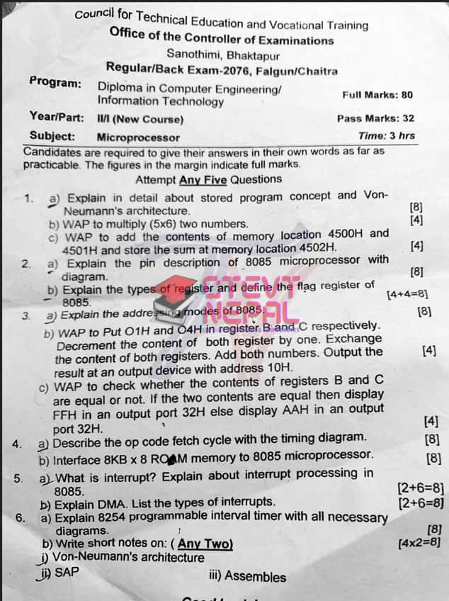 Microprocessors 3rd Semester Questions Papers CTEVT Diploma in