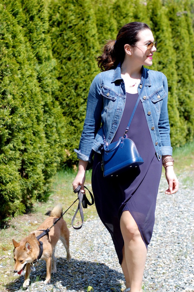 H&M chiffon dress, J.Crew denim jacket and a Louis Vuttion BB Alma bag by Vancouver blogger Covet and Acquire.