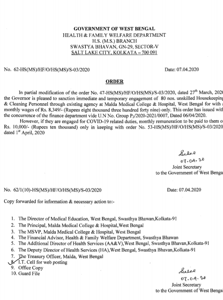wb health recruitment 2020  west bengal health recruitment board 2019  wb health recruitment 2019 facility manager  www.wbhealth.gov.in 2019  www.wbhealth.gov.in recruitment 2020  transfer application form wb health  www.wbhealth.gov.in application form  wb health driver recruitment 2020-2021,În partial modification of the order No. 47-HS(MS)/HF/O/HS(MS)/S-03/2020, dated 27th March, 2020 the Governor is pleased to sanction immediate and temporary engagement of 80 nos. unskilled Housekeeping & Cleaning Personnel through existing agency at Malda Medical College & Hospital, West Bengal for with. monthly wages of Rs. 8,349/- (Rupees eight thousand three hundred forty nine) only.