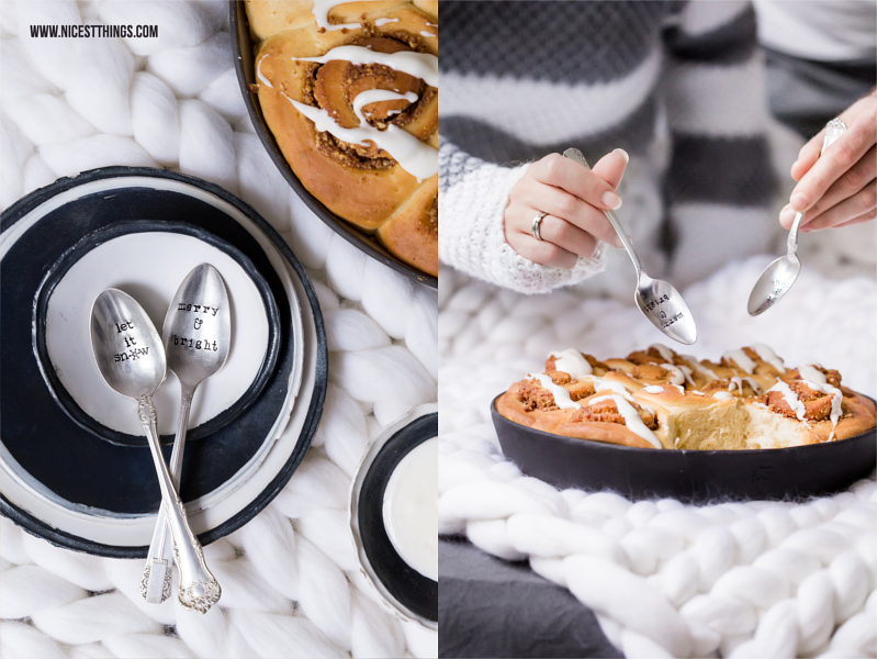 Mit Text gepraegte Loeffel mit Schrift und Zimtschnecken Kuchen