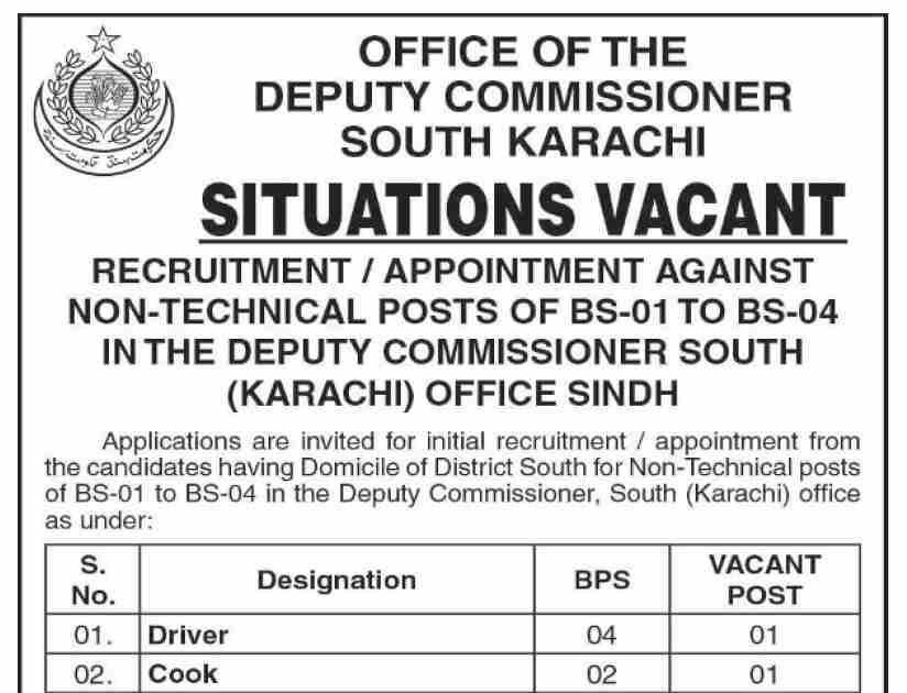 Deputy Commissioner DC South Karachi Jobs 2021 for Driver, Cook, Daftri