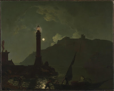 Chiaro di luna con faro, litorale toscano del 1789 di Joseph Wright of Derby