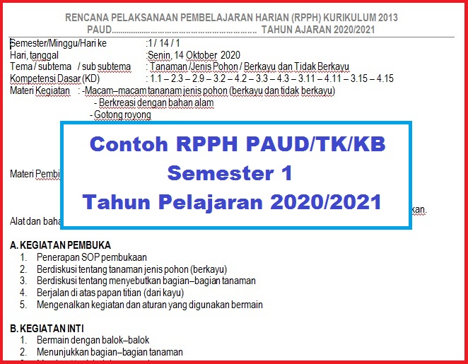 CONTOH RPPH PAUD/TK/KB SEMESTER 1 TAHUN PELAJARAN 2020