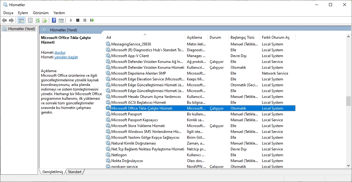 OfficeClickToRun Hizmetini Devre Dışı Bırakma