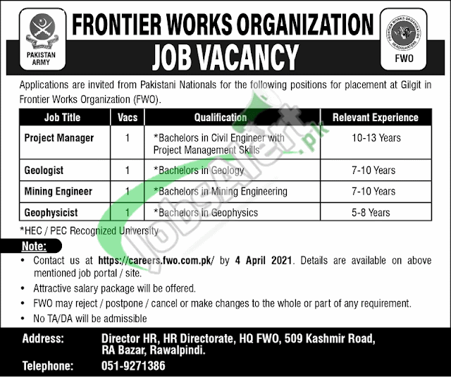 Today latest job in FWO Rawalpindi Frontier Works Organization Govt job April 2021 Today latest job in FWO Rawalpindi Frontier Works Organization Govt job April 2021
