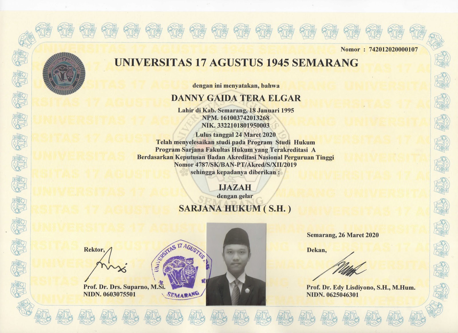 Ijazah Kuliah Mahasiswa Sarjana (S1) Fakultas Hukum Universitas 17 Agustus 1945 (UNTAG) Semarang | Sarjana Hukum (S.H.)