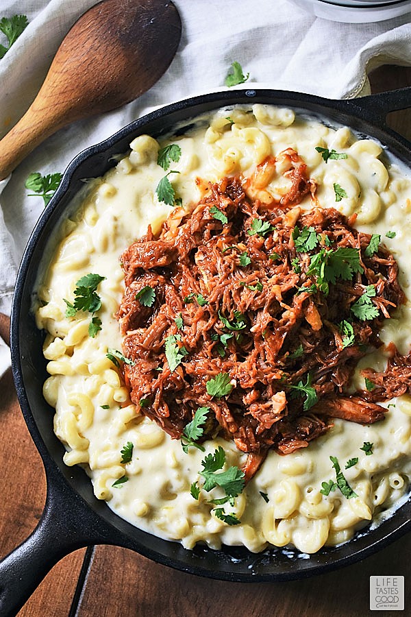 Pulled Pork Mac and Cheese ready to eat garnished with fresh cilantro