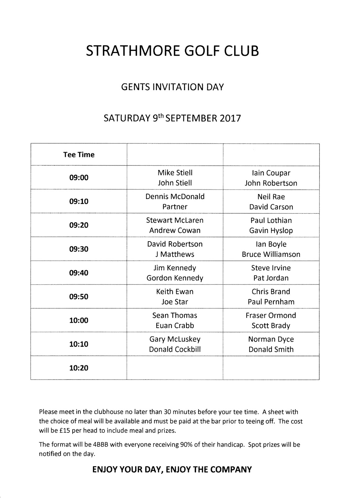 STRATHMORE GOLF CLUB GENTS Gents Invitational Draw and Tee Times Sat