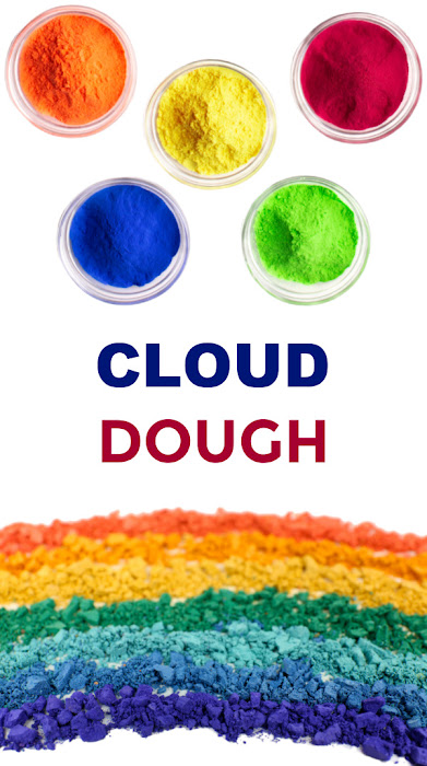 Make cloud dough in every color of the rainbow with this easy recipe for kids! #clouddough #clouddoughrecipe #coloredclouddough #rainbowclouddough #growingajeweledrose #activitiesforkids